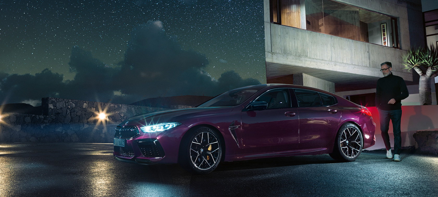 The all-new BMW M8 Competition Gran Coupé 2020 F93 BMW Individual Ametrine metallic three-quarter side view